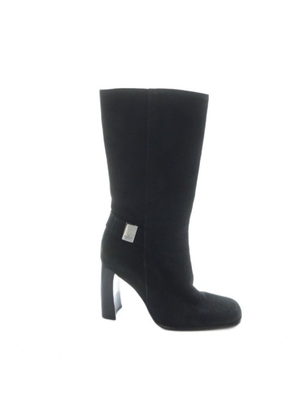 Gucci Short Boots Suede Square Toe Chunky Heel Logo 34.5 Black